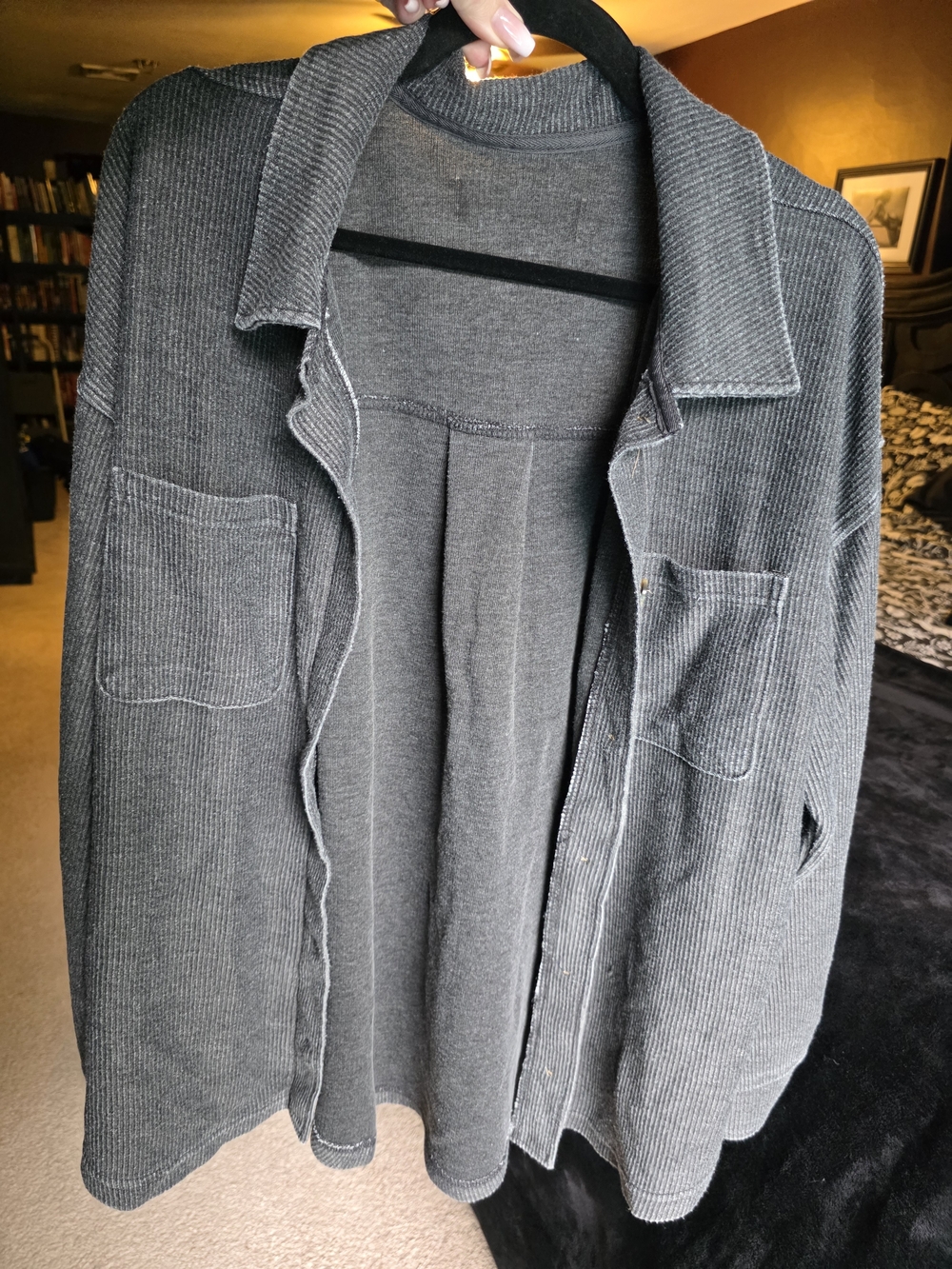 Oversized Charcoal Waffle Knit Shacket Button Front Utility Shirt Jacket XL